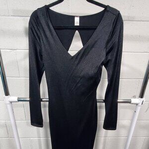 NWOT Popilush Shapewear Dress Long Sleeve Cut-Out Back Shine Maxi, Black, Size L